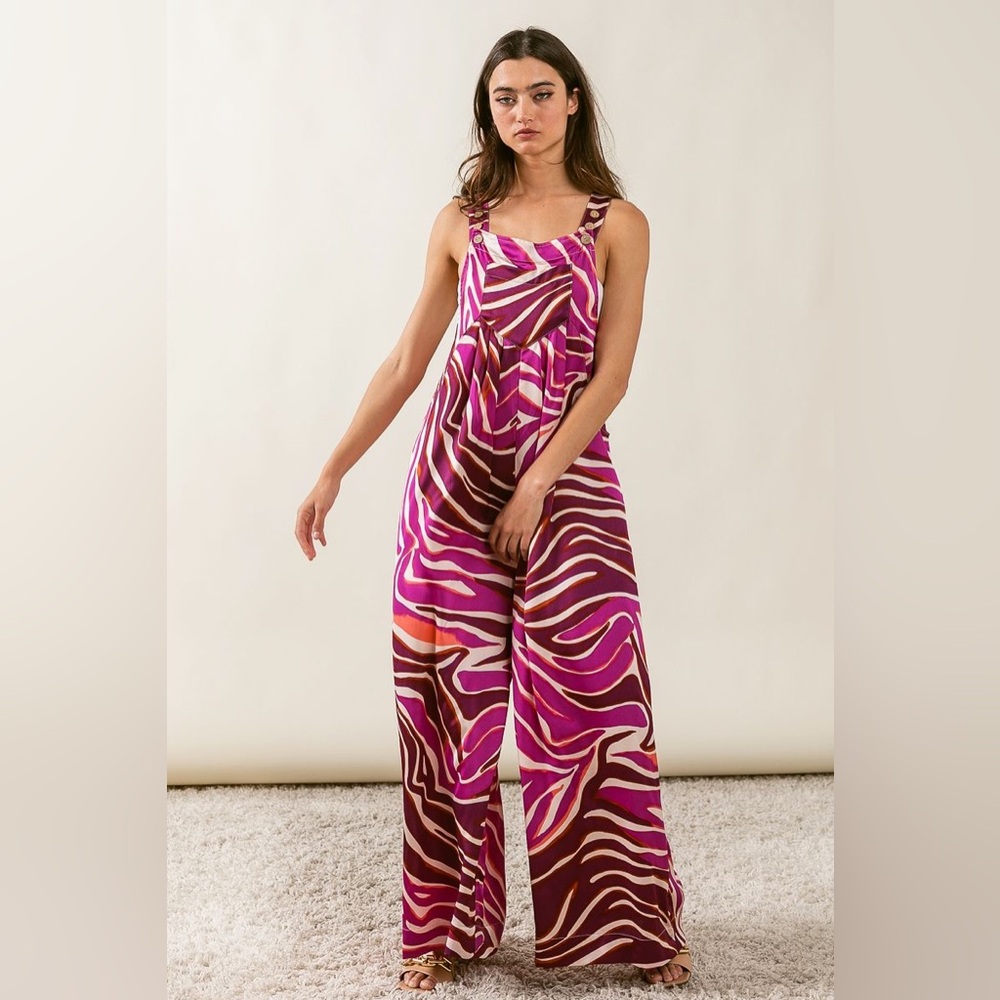 SATIN ZEBRA PRINT WIDE LEG JUMPSUIT BY BiBi. Bohemian style Overall - Picture 6 of 9